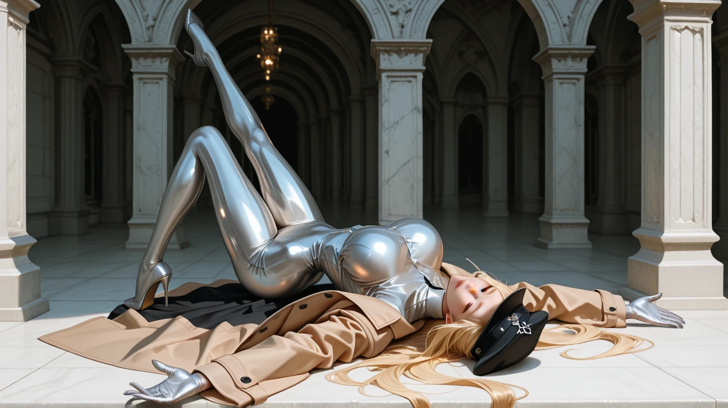 A woman in a white dress and hat sits on a chair, Barbie in white stockings, Fashionable futuristic woman, retro Futuristic fashion, Futuristic fashion, futuristic style, 3d neon art of female body, white tights, Fashion shot of a white cyborg, Legs stretched out!!! difficult, futuristic clothes, wearing white tights, Sleek white bodycon suit, wearing futuristic clothes