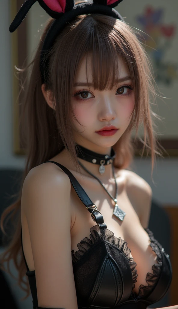 (photorealistic:1.6),(High resolution:1.6),(solo, one woman:1.5),(Thin woman:1.2),(beady eyes),(large eyes),(Light brown hair),(extremely long hair),(cool beauty:1.3),chuuChloe,(Personality is lewd),(Slender Body),(flaunt muscles),(amazing orgasm:1.2),(small breasts:1.2),(ahegao:1.6),(Ecstasy:1.3),(masochistic),(Sexual arousal),(Wooden plank wall),(Elegant lady),(Woman being sexually tortured:1.5),(Stud collar:1.5),(Fainting:1.5),(Big tears:1.3),(playboy bunny:1.5),(Bunny ears headband),(black leotard),(black pantyhose)(being tied up:1.5)