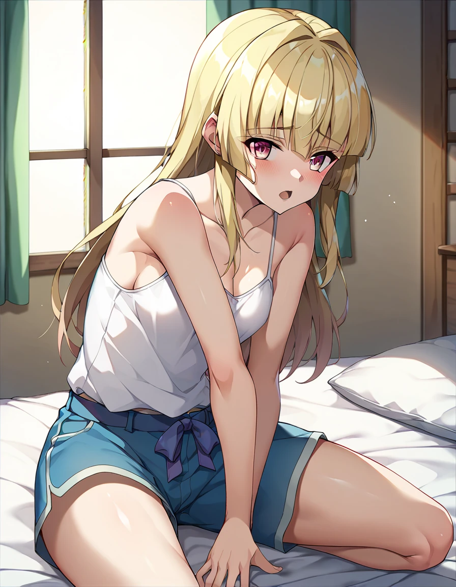 lucy from chrono ark, indoors, room, on the bed, soft smile, solo, 1girl, soft smile, slender figure, slim, big head, young girl, short height, full cheeks, skinny, Sexy, Beautiful composition, beatiful face, handsome body (Body Full 1.1.), Beautiful figure, in full height (Body Full 1.1.), ((masterpiece)), best quality, high detailed illustration, high detailed background, hi-res, Digital Art, sexypose, flat chest, Young Girl(Body Full 1.1), (Green eyes:1.5), teen, pink hair, short hair, Beautiful figure, (Fullness of the body.1,1), Hair between the eyes, hairlong, straight hair, side locks, bangs, Asymmetrical Clothing, (Masterpiece:1.2), Best Quality, High Resolution, Unity 8k Wallpaper, (illustration:0.8), (beautiful detail eyes:1.6), extremely detailed face, perfect lighting, extremely detailed CGI, (perfect arms, perfect anatomy), epic composition, naked, looking at viewer, fullbody, full-body, bare legs, bare feet, blushing, shy, glistening skin, legs spread, feet soles, pink pussy, nipples, hand between legs
