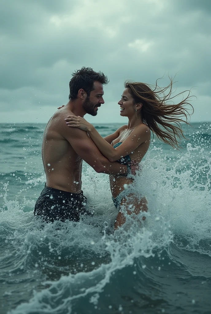 The mermaid trying to return to the sea、A young human man runs into the sea, splashing water as he desperately tries to hold himself back。The man has no beard。The man is dressed both top and bottom.。The water is so high that the two of them are unable to see below the waist.。