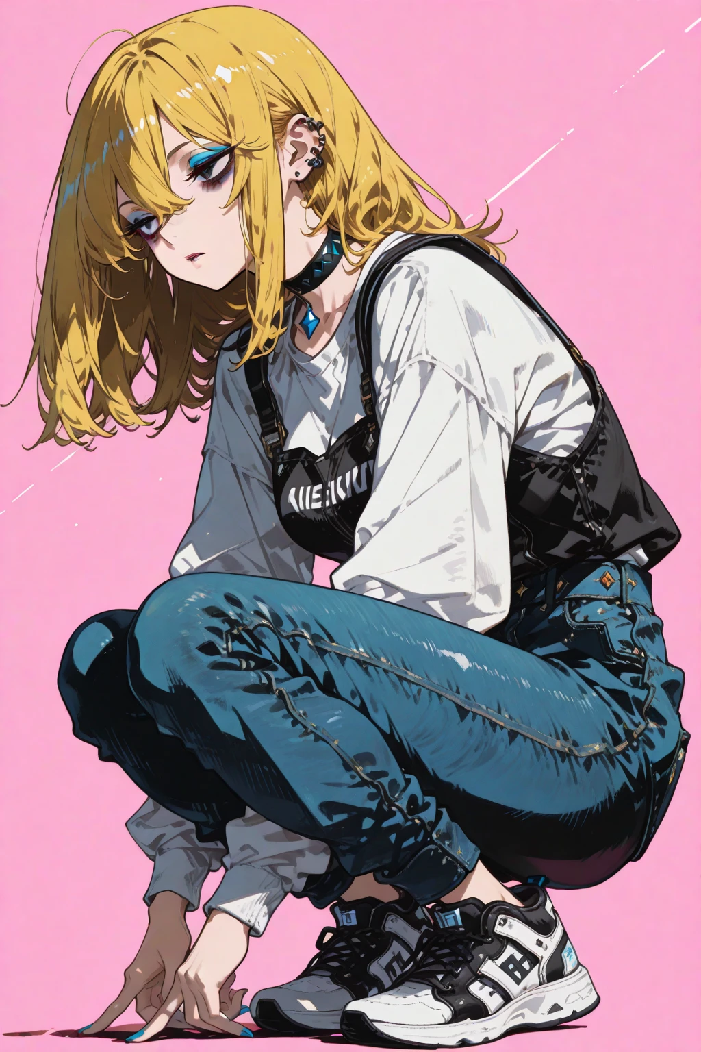Clover is a with white skin, blonde hair, bright blue eyes, Her hairstyle is a voluminous, personalized medium length bob cut . Clover is seen wearing a long sleeved v-neck shirt in different shades of pink as the sleeves of her shirt reach through her elbows, magenta colored cargo jeans and pink sneakers with yellow linings attached. She also wears a pink watch on her left wrist. SPARKLE; GLITTER.