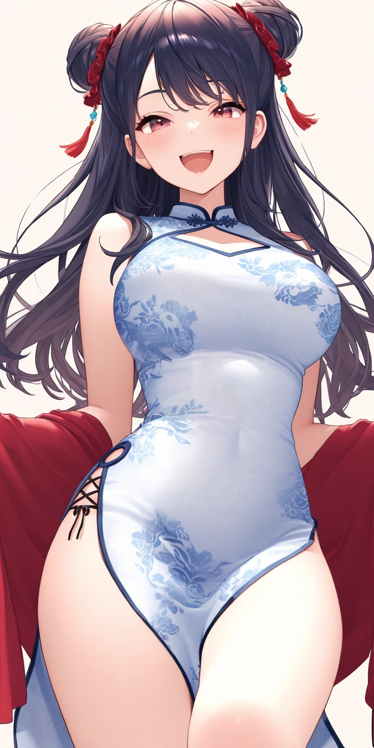 (Realistic:1.3), (photoRealistic:1.2), (highest quality:1.1), (Detailed skin:1.3), (Intricate details), Detailed skin texture,
One woman and one man, 19 years old,
(((In the study))), (Functional),
(blush:0.5), ((((orgasm face))))
(Depict from thighs to head) ,
Black Hair, Straight Hair, medium Long Hair, bangs, Hair between the eyes, Reduce hair volume,
Sparkling blue eyes, Lens Eye, Light reflection in the eyes, Symmetrical eyes, highlight on eyes, eyelashes, looking at the camera,
Close-fitting clothing, Wearing China dress, Side slits, (China dress), Floral prints, (white g-string panty), Separate panties and clothes, ((let the hem of the dress to the side)), The front and back of the skirt are the same length
A woman has two legs, Two arms, Five fingers, Two joints in the fingers, barefoot, Perfect leg length
Spread her legs very wide, open legs with hands,
pink roter, (Bare her chest), big boob,