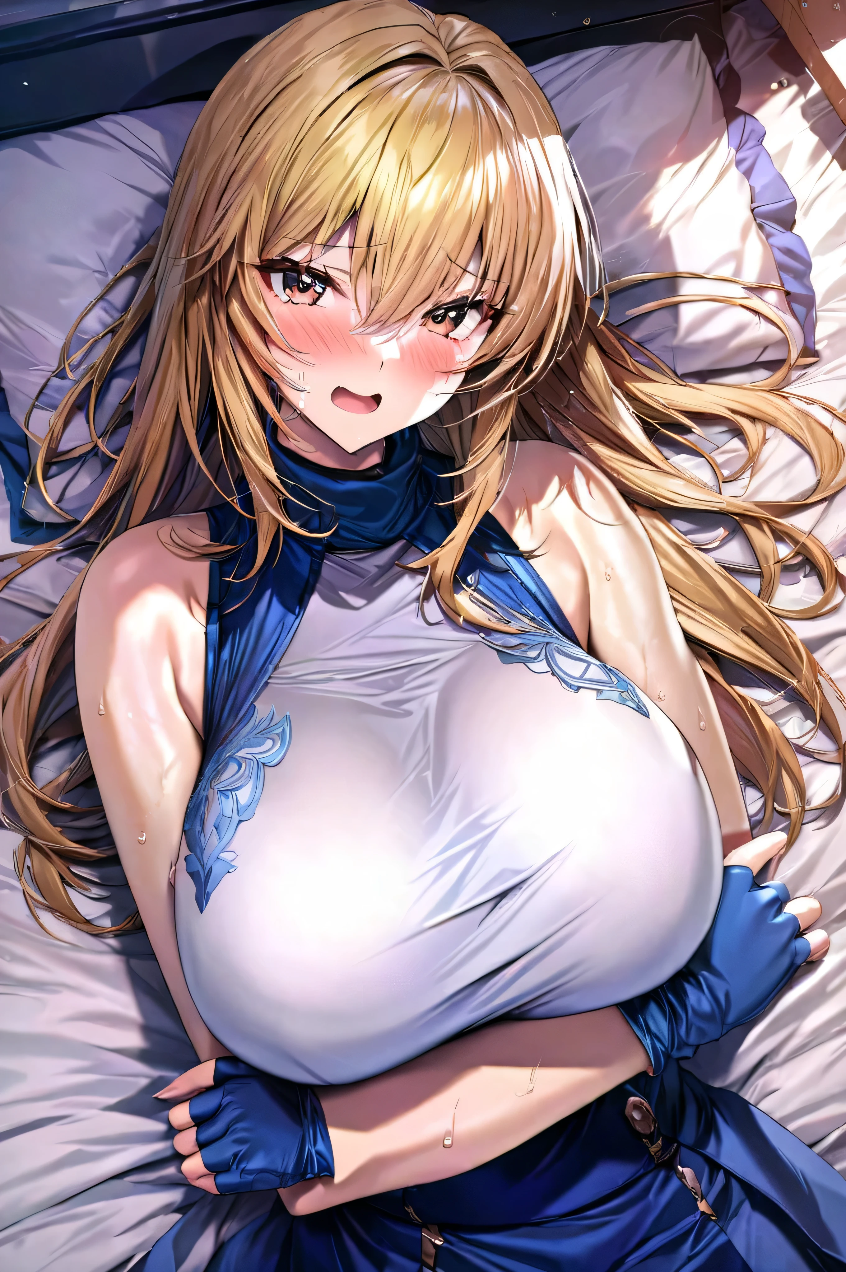 sensual, ((long blonde curly hair)), thick thighs, 8k, 4k, highest quality, High resolution:1.2), cute anime face, noise reduction, ((shining blue eyes, gentle smile, kind eyes))、toned abdominal muscles, muscular arms, muscular legs, young face, anime eyes, (((big breasts、A chest that is about to burst)))、(((whole body)))、Wearing a white high-leg cut leotard、please lie down on the bed