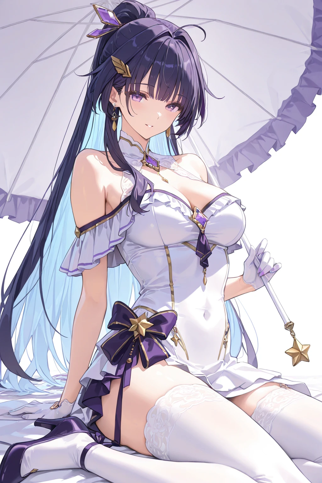 Highest resolution, 8k, ultra detailed outfit, ultra detailed digital illustration, trending on pixiv, (1 girl, solo, mature woman), dark purple hair with silver tips, large breasts, black eyes, (black veil, saw-tooth teeth, jagged teeth), elegant blue blazer, white blouse, deep V-neck, (black stockings, black pantyhose, black boots), (black and purple flowers as hair accessories, black and purple flowers), crossed legs, sexy pose, milf, sitting on a chair, aberrant colours, barren lands as background, colour scheme of background is purple black and blue, light grin, evil aura, curvy waist, long skirt