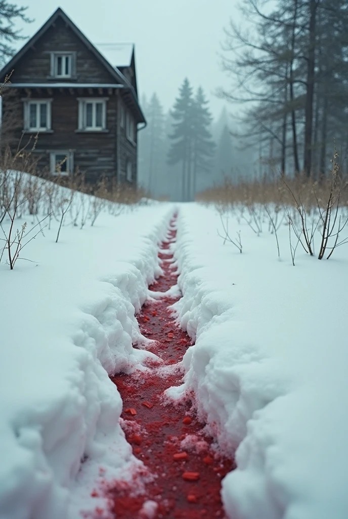 A red tent with a royal coat of arms in the middle of red snow wet with blood the blood is coming from outside