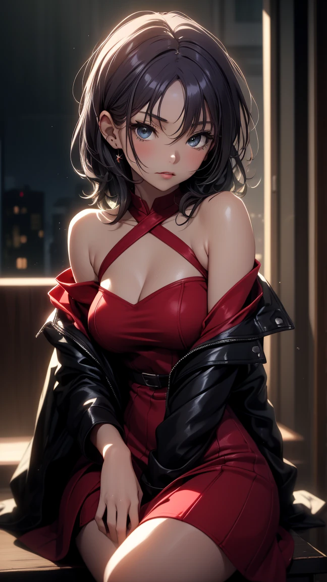 bznoir, 1girl, solo, long hair, breasts, looking at viewer, large breasts, black hair, dress, cleavage, jewelry, purple eyes, jacket, cowboy shot, earrings, choker, necklace, off shoulder, black dress, makeup, lipstick, red lips, low light, glowing