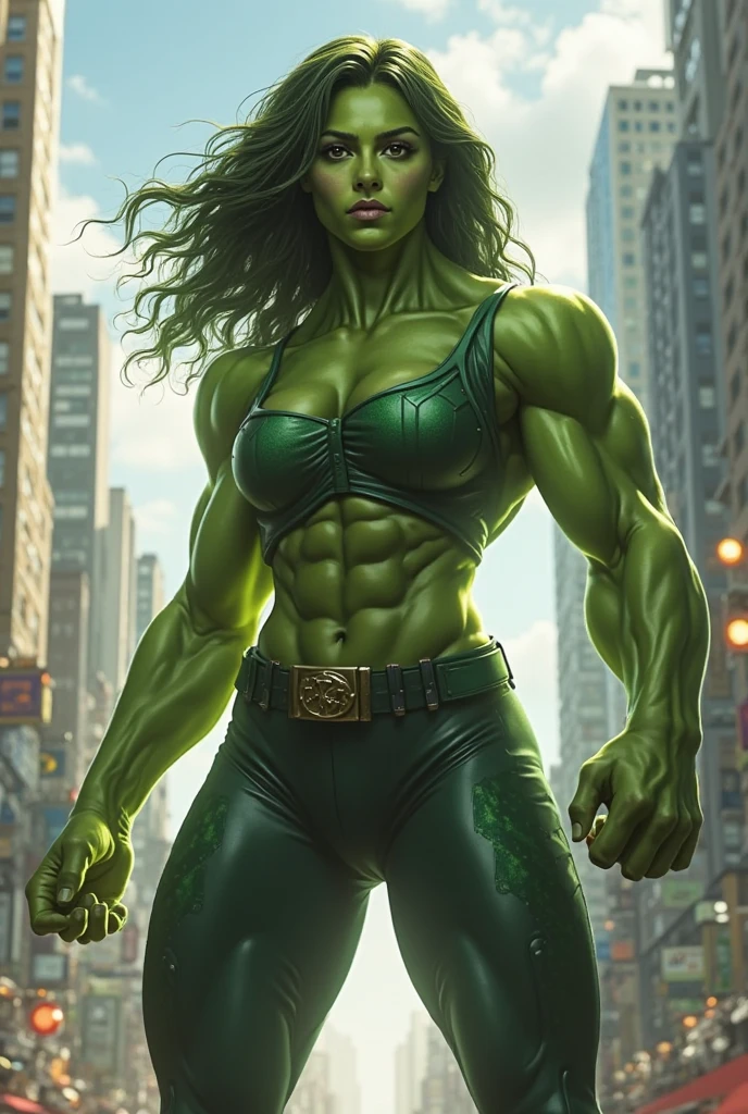 a female superhero, She-Hulk, green skin, muscular body, ripped clothes, dynamic pose, action scene, comic book style, vibrant colors, dynamic lighting, detailed rendering, 4k, highly detailed, photorealistic