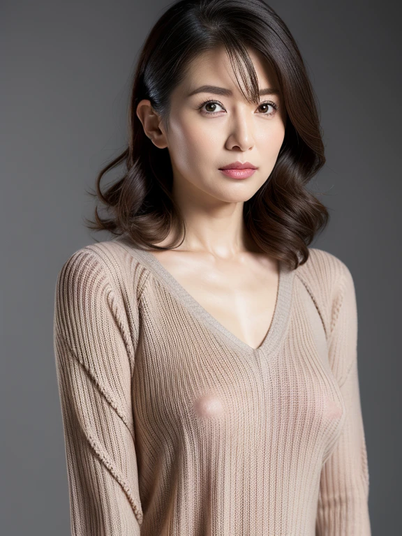 ((High resolution, high quality, high detail, masterpiece)), rough skin, anatomically correct, sharp, gray background ((Japanese MILF, 50 years old)), solo, shapely big breasts, Straight light brown hair that reaches to the shoulders, chubby body, (((standing upright from the front)), T-shirt, skirt, transparent T-shirt, no bra, transparent breasts, transparent nipples, transparent areola, necklace , earrings