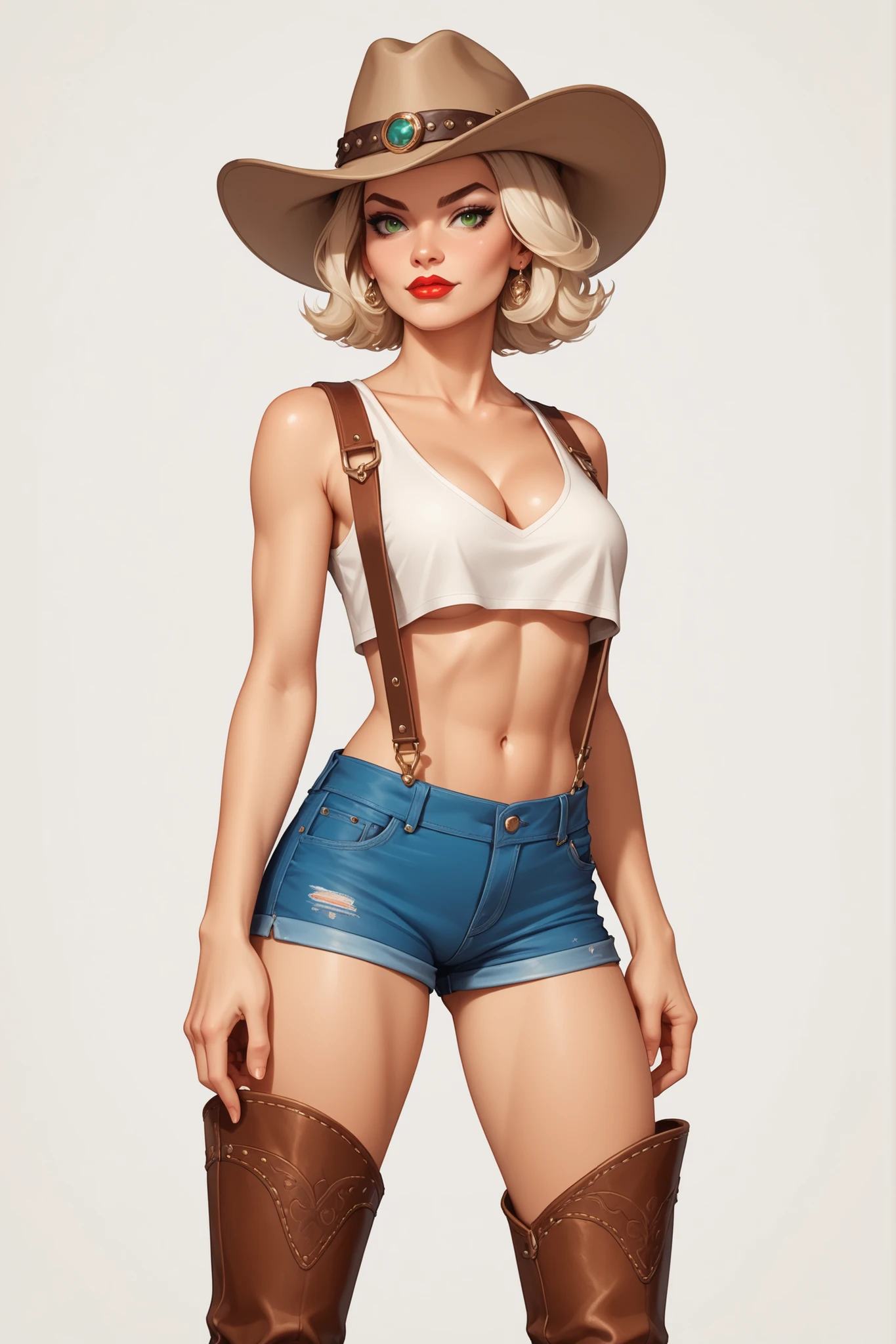 cowboy shot, Jean Grey, 1980s \(style\), 1girl, superhero pose, blonde hair, retro artstyle, short hair, solo, white bra and panties, unbutton_shirt, (medium_breasts:1.2), medium_breasts, cleavage, full body shot, model pose, shoes visible, ass view, face view
