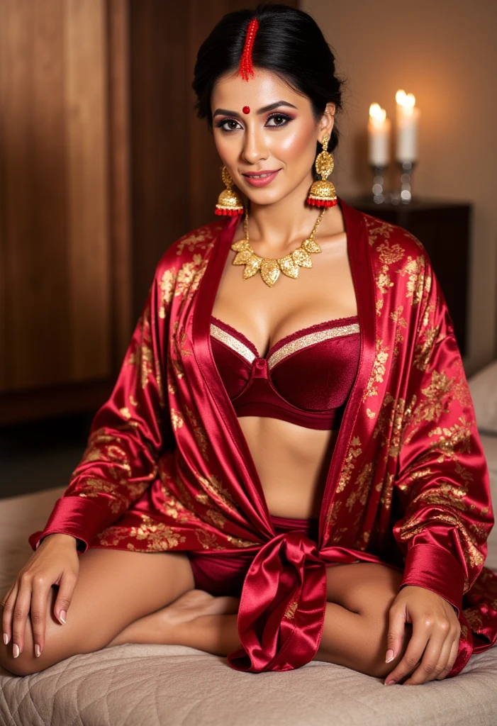 Latin woman, 18 years, green eyes in asian kimono showing big breasts, showing legs, Sitting on red velvet stool, Photo studio, Black background, the highest quality in image