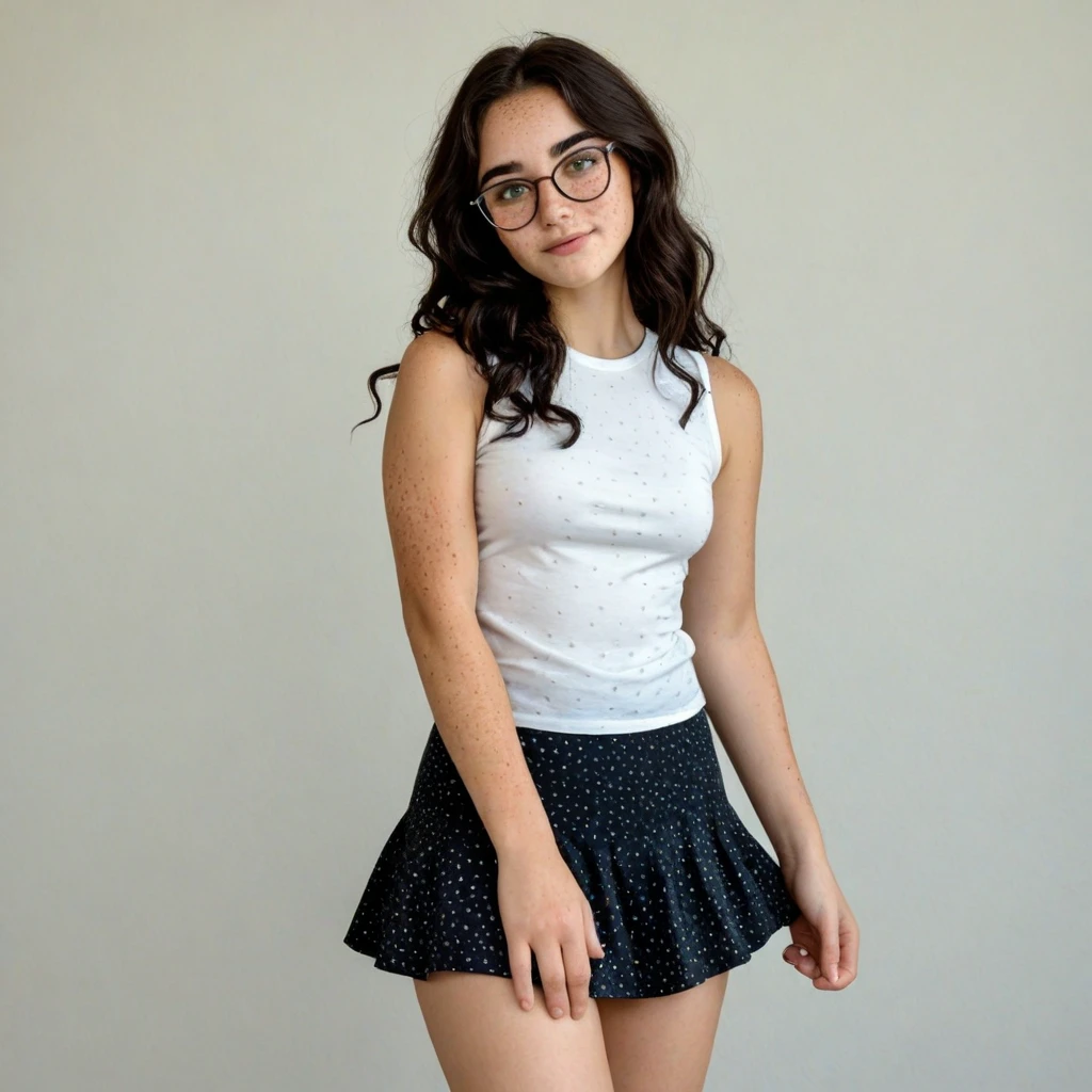 a beautiful 18 year-old brunnette small-skirt, smiling, glasses, freckles