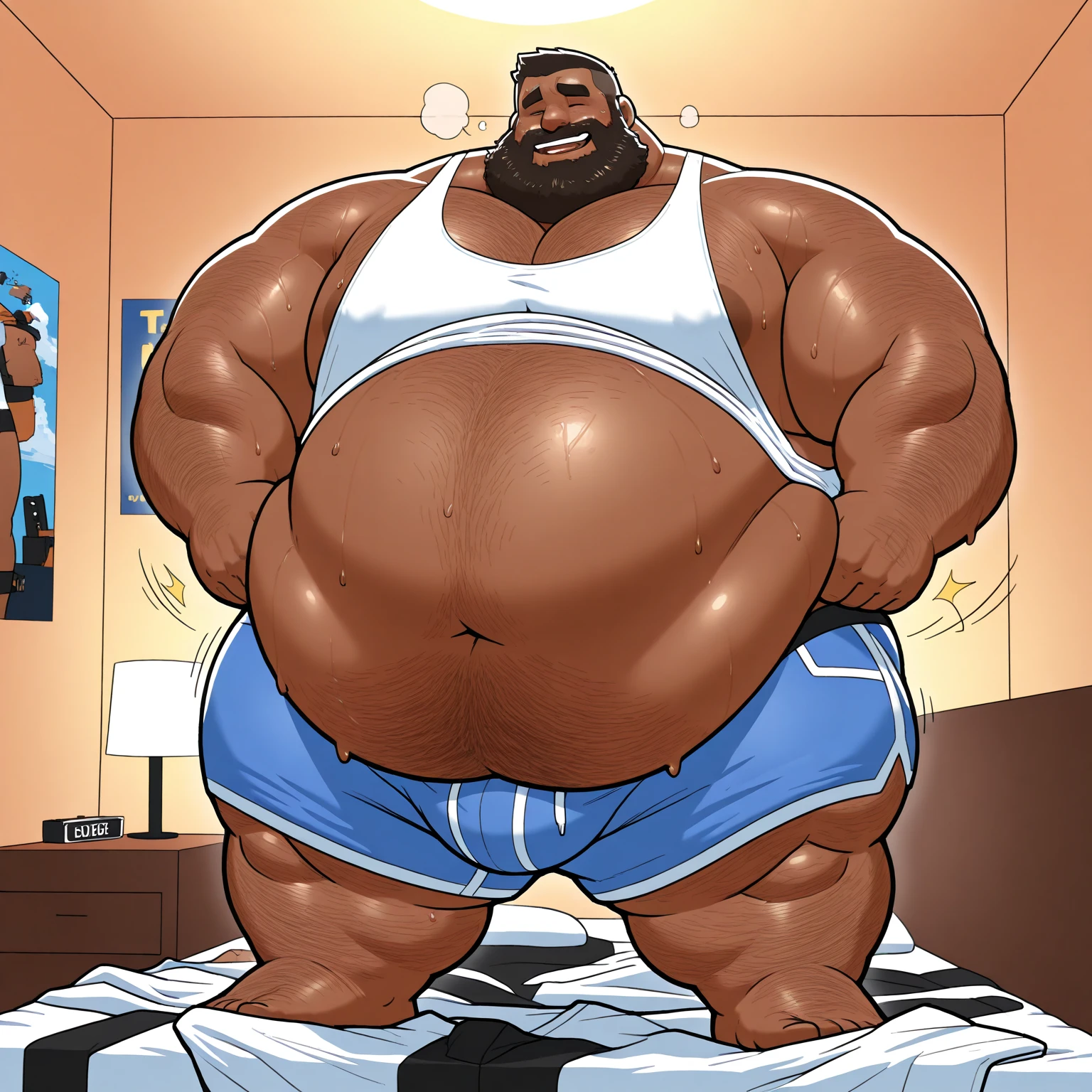 Local middle-aged elegant fat teacher uncle,Male uncle,National character face,The eyebrows are large, It was dark and thick,largeeyes,Dark skin,Body obesity,potbelly,Strong chest,There is chest hair,Wear a long tie,The upper body is naked,legs are open,Raise your legs,The lower body is wrapped in a white bath towel,Sit on the bed,Lift your thighs,Butt forward,There is leg hair,Expose the thick soles of your feet,Sweat on the face,Full Body Sweat,Covered in sweat,The expression is shy,Ruddy face