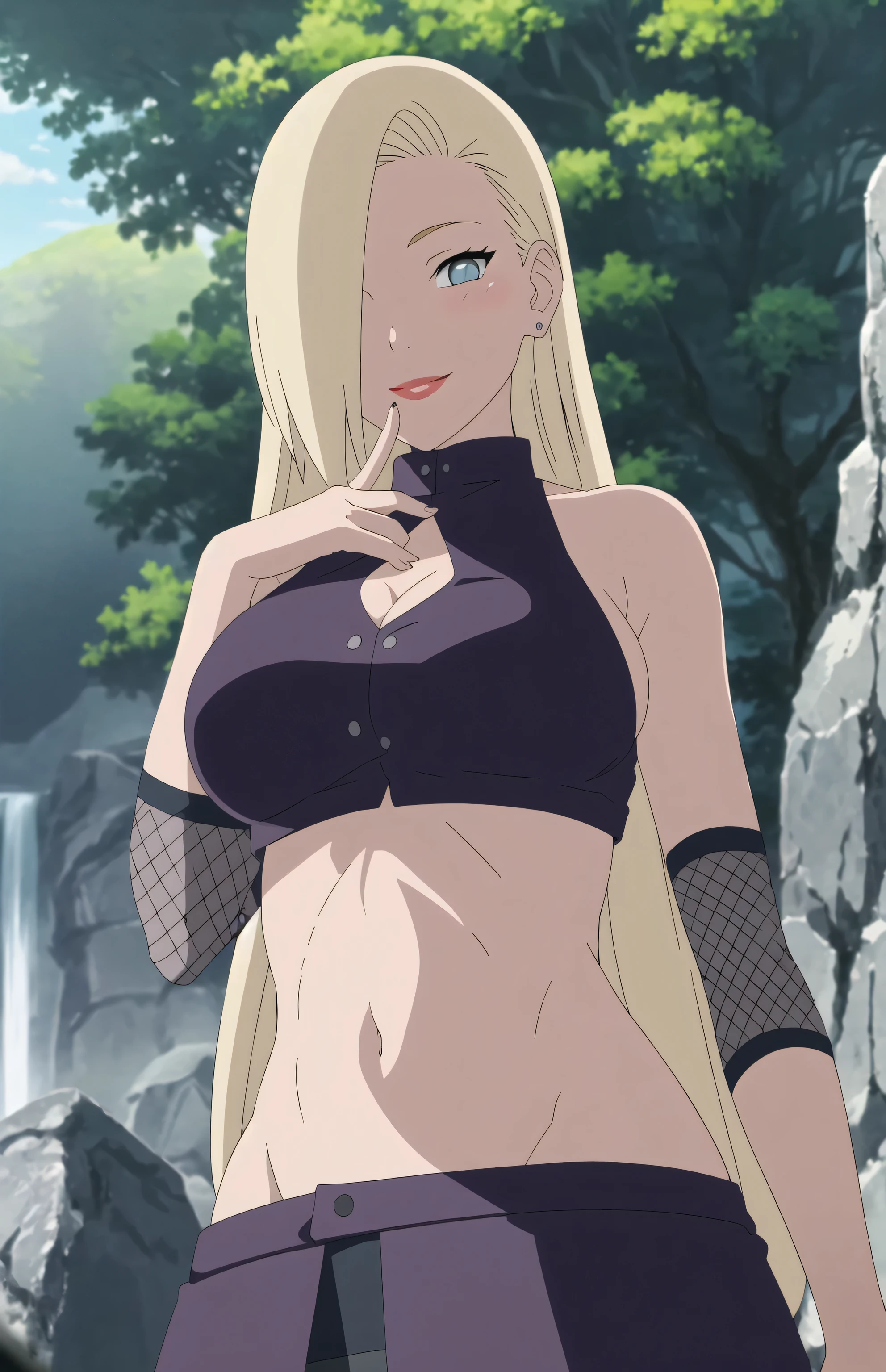 Adult_LongHair_InoYamanaka_ownwaifu,
1girl, blonde hair, hair over one eye, blue eyes, long hair, very long hair, makeup, lipstick, large breasts, red lips, earrings, groin, straight hair, toned,
arm warmers, bare shoulders, midriff, navel, crop top, sleeveless, turtleneck, fishnets, purple shirt, buttons, sleeveless turtleneck,
,
((masterpiece)),((best quality)),(highres), bokeh, depth_of_field, day, tree shade, sunlight, scenery, rock, waterfall, looking down at viewer, solo, panties, (view from below), leaning down, upper body, microskirt, thick lips, confident smile , cleavage, horny, blushing, stiff nipples, sexy, ahegao face, puts finger in mouth, bright lighting, slut, huge cleavage, underboob, sideboob, bimbo, light shines on her