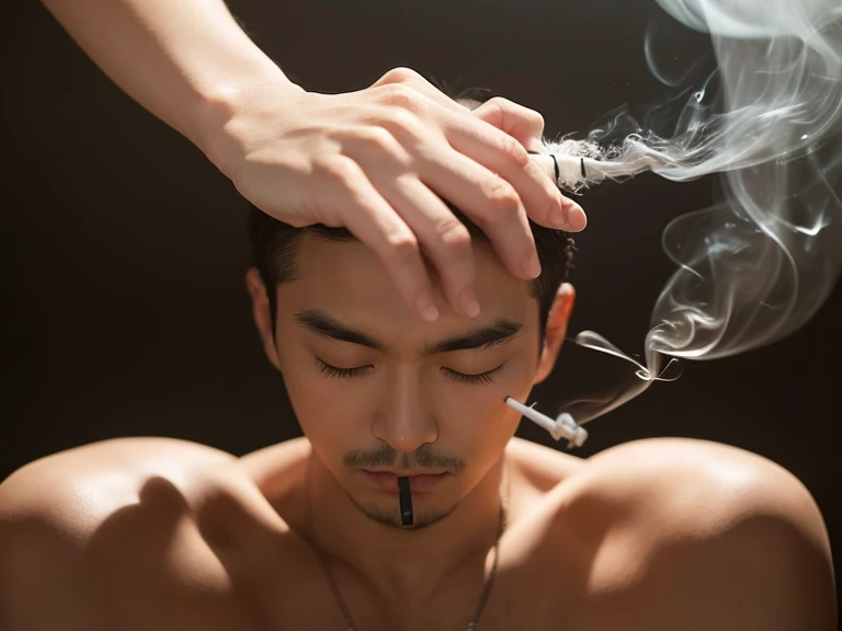 (realism: 1.4) Highest quality, masterpiece, male, slim, Muscular,, Fair skin, , black eye, Smoking, Crazy
