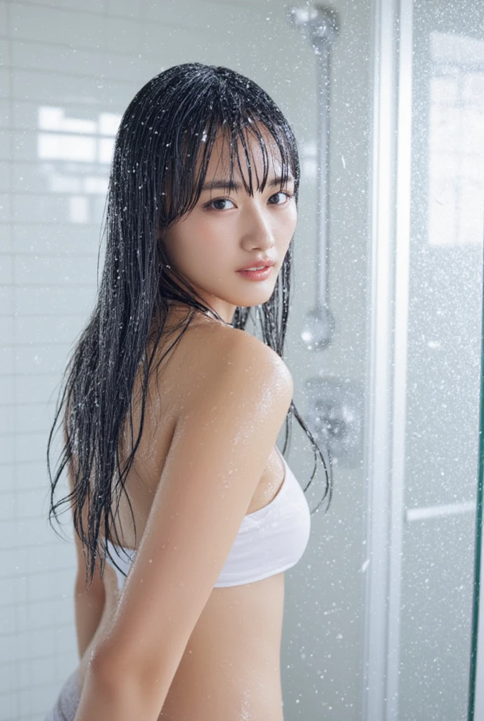 woman wearing short clothes sensualizing in the shower