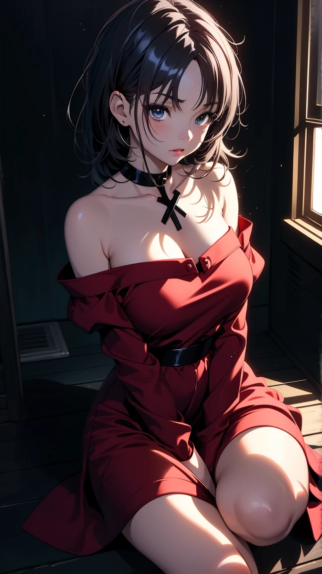 beautiful girl (Makima(chainsaw))Japanese-inspired model-like appearance): medium perky breasts, slender graceful body, long legs, elongated oval face, deep striking eyes, sitting on the floor with knees hugged by hands. (best quality, 4k, highres, masterpiece:1.2) , ultra-detailed, (realistic, photorealistic, photo-realistic:1.37), HDR, UHD, studio lighting, extreme detail description, professional, vivid colors, dramatic lighting
