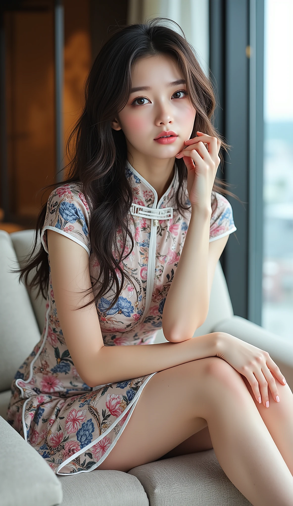 depth of field,blurry background,(realistic:1.7),((best quality)),absurdres,(ultra high res),(photorealistic:1.6),photorealistic,octane render,(hyperrealistic:1.2), (photorealistic face:1.2), (8k), (4k), (Masterpiece),(realistic skin texture),qincai,1girl,(pink printed short china dress:1.7),arms behind back,bare legs,ulzzang-6500, pureerosface_v1,(full body:1.4), ,sitting on bed,(indoors),in bedroom, <lora:ChinaDress:0.3>, <lora:qincai-000018:0.7>