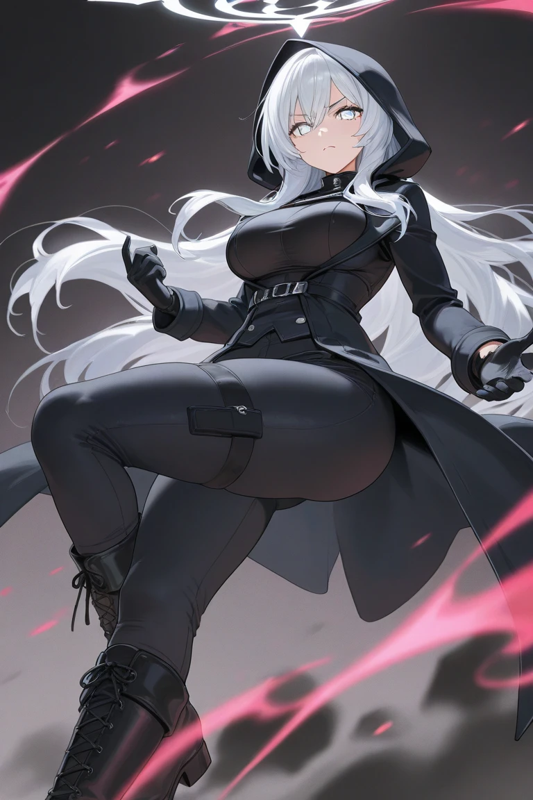 score_9, score_8_up, score_7_up, score_6_up, source_anime, BREAK 1girl, solo, nikkecrouching, full body, one knee, <lora:KatjaPDXL-10:1> katja, very long hair, grey hair, messy hair, hair between eyes, aqua eyes, black bodysuit, grey bodysuit, gloves, cape, medium breasts, parted lips, combat boots, blank stare, looking to the side, <lora:nikke-style-poses-richy-v1_pdxl:1>