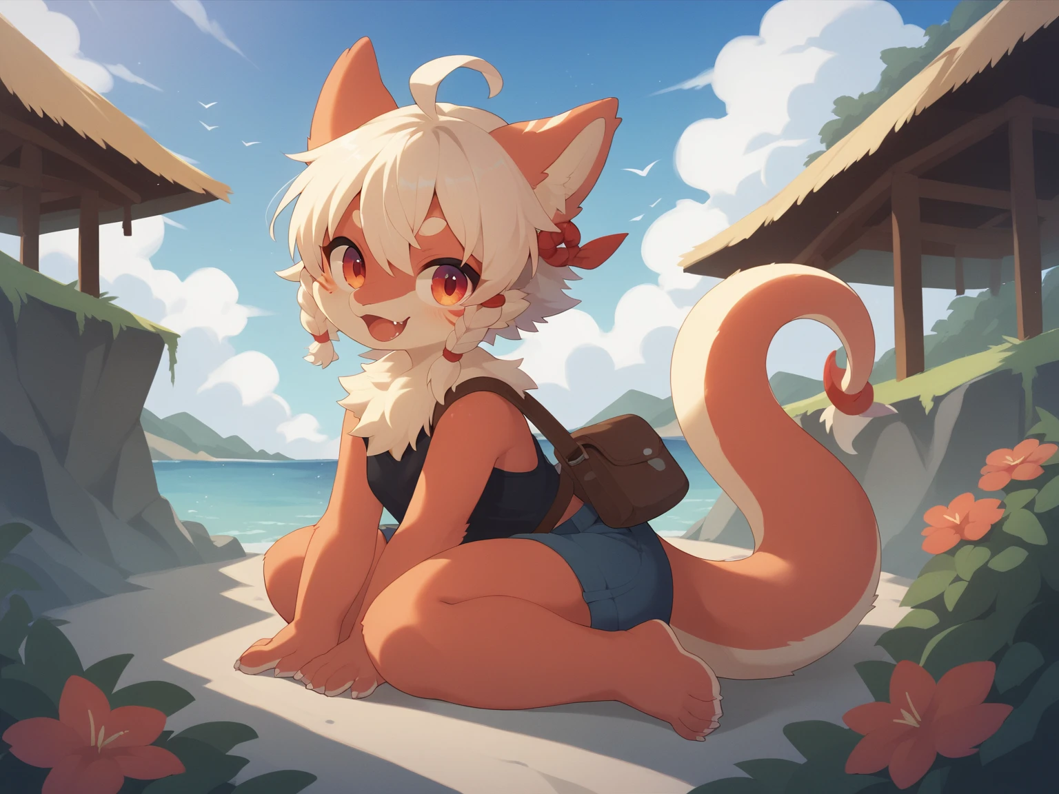 Best quality,Masterpiece,green string bikini,Manteau blanc,(Fox facial features,Physical characteristics of a fox,Hair and shoulder length),Small stature,bit girl,((White body,White arms,White legs,White eyes, White fox tail)),beach background, female, furry, anthro, legs spread, sitting down, knees up, blushing, small breasts,