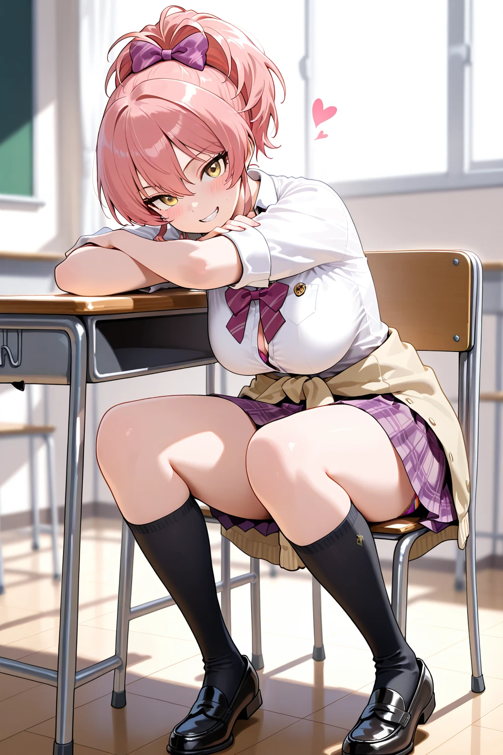 Fantasy,((Masterpiece)),((high resolution)),((Best Quality)),Anime illustration,((1girl)),(wavy hair),(short hair),(pale pink hair color),small ponytail,Red eyes,(Big round eyes),((tareme)),((child)),12 years old,((baby face)),((very big breasts)),Short stature,Young,((loli)),,,cardigan,mini skirt,smile,Ladylike,classroom,