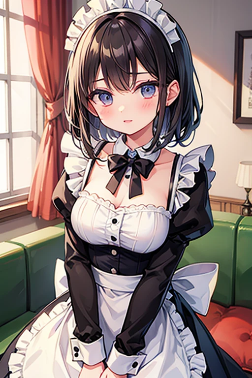 1 Girl、Maid clothes、blush、Cleavage、