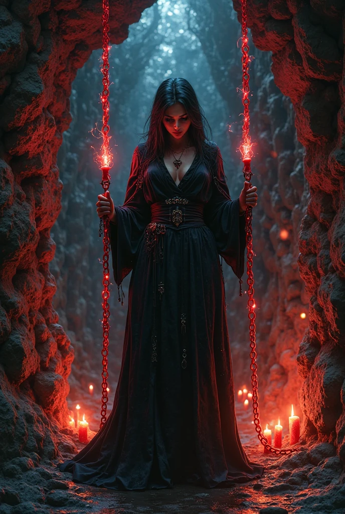 a female blood witch practicing a spell in the forest at night, volumetric