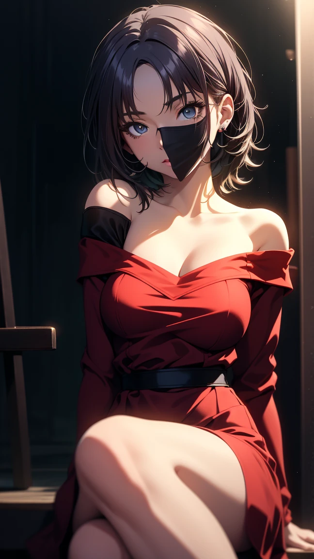 An elegant chubby woman, wearing a red veil covering her eyes, places her fingers on her lips, symbolizing silence. Her nails were long and painted bright red. The background is solid black