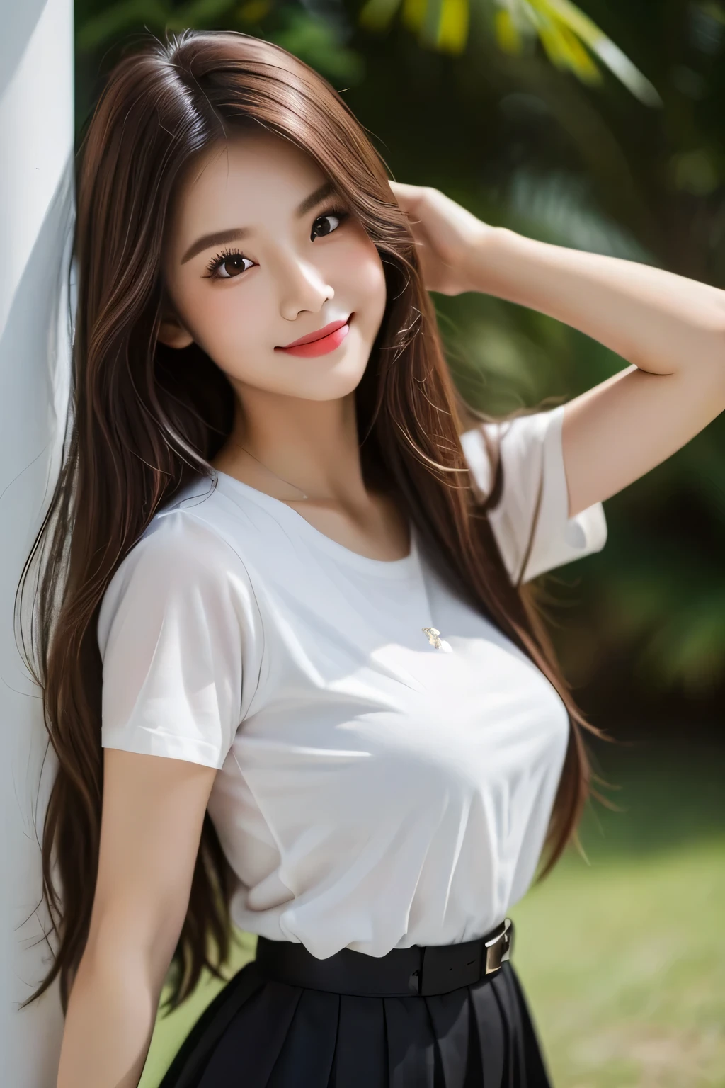 （real， High resolution：1.3）， Mid-length hair， White T-shirt：1.2， jeans， Male body with female face、A dainty man dressed as a woman、Natural photography、Transsexual、ultra High quality