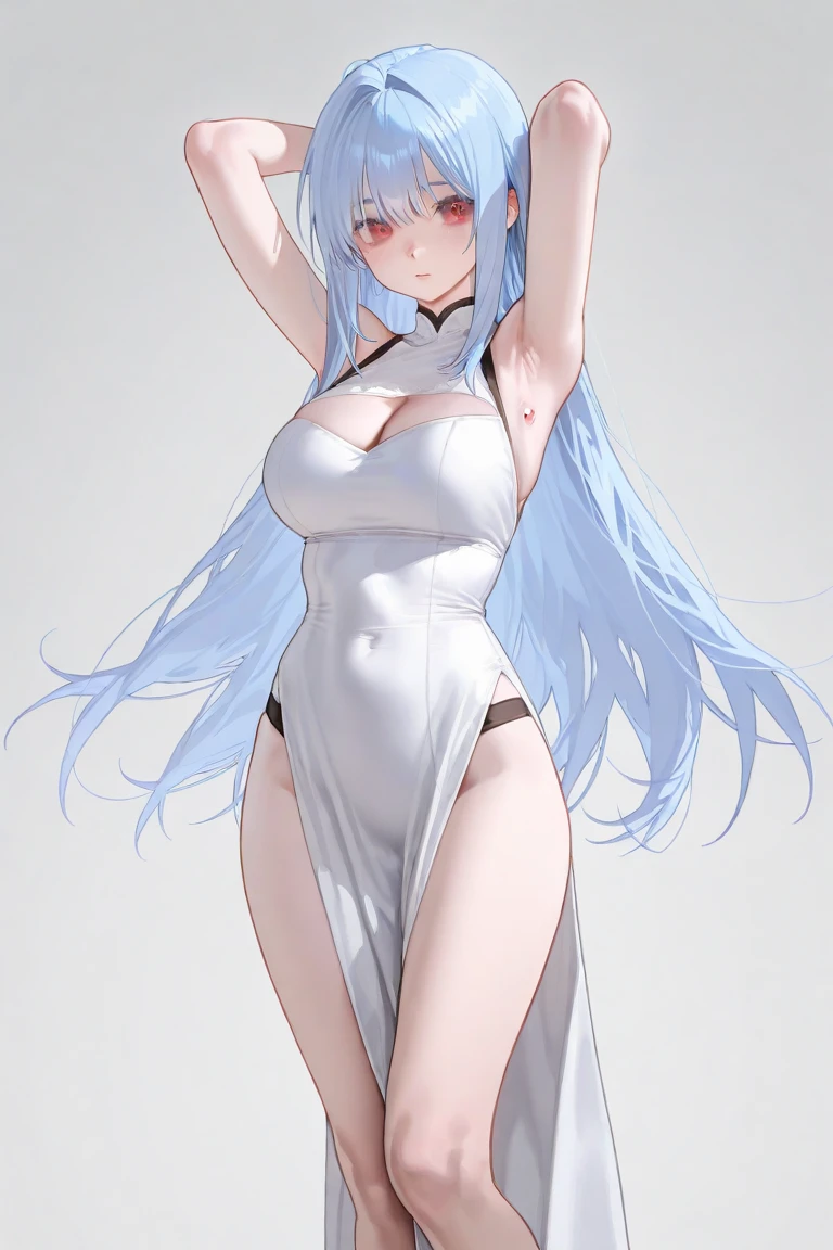 ultra - detailed, A high resolution, (actual, realistically 1.4),best quality,8K,フォトリアリスティック,cute big breasts,Silver hair,pretty eyes,short minidress,(White low waist underwear),look at a camera,Smooth skin,Lift up the perineum,Protruding ,(Split),(Perfectly detailed hands),(Wet with)