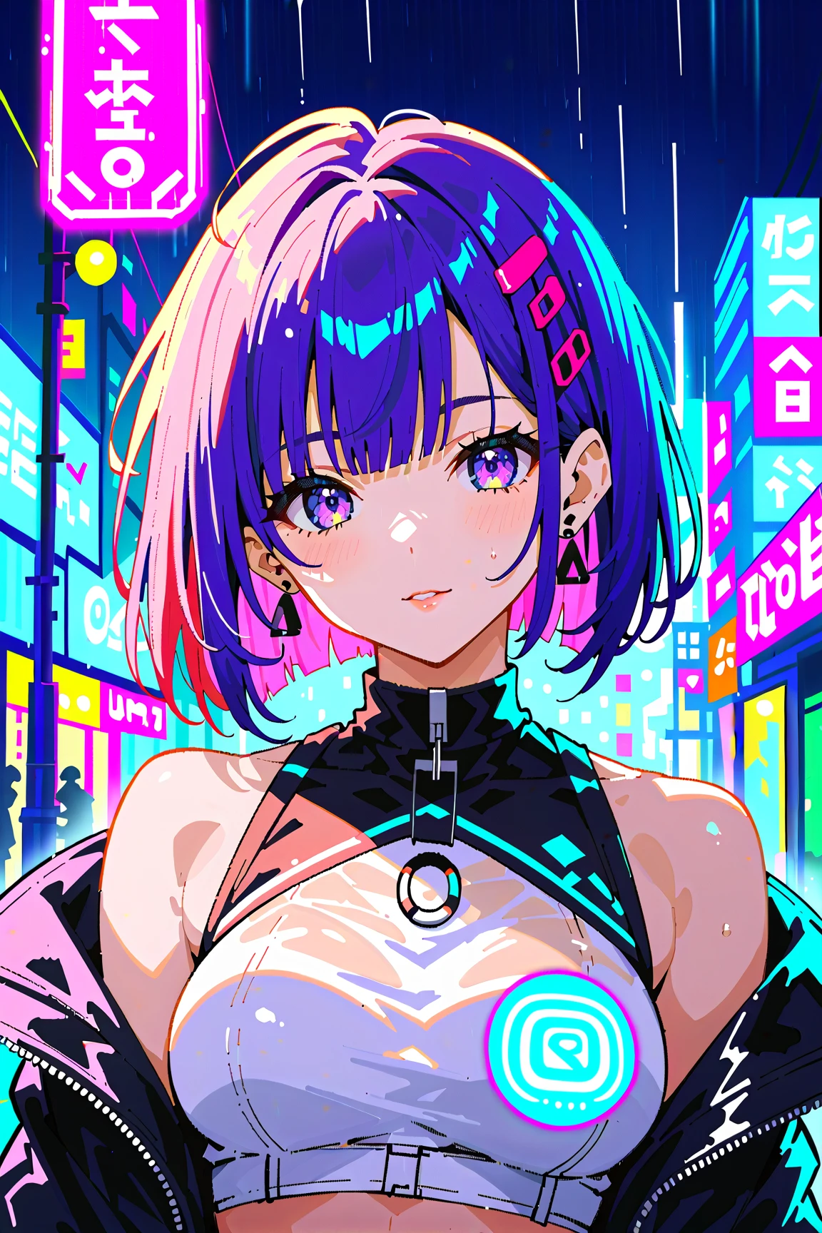 ((solo)). female character around 30 years old. mature body with large breasts and cleavage. wearing black clothing, a ninja style outfit with a mesh shirt. she has a lewd expression. red eyes. long purple hair with straight bangs. She wears eyeliner and black lipstick on her lips. she looks a model on a clothing ad. a combined neon and greyscale color style. the background has abstract spray paint. body faced towards viewer