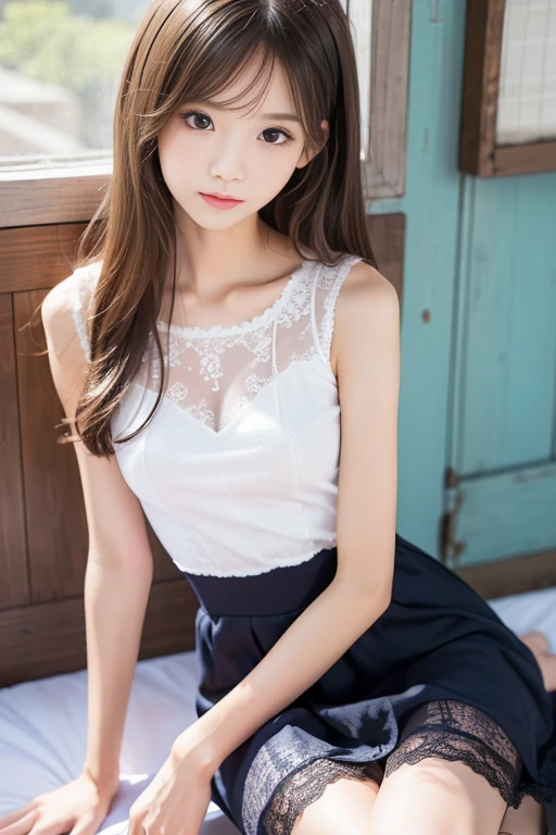 lens: 135mm f1.8,(Highest quality),(Tabletop:1.1), (Beautiful Japanese Girl), (Moisturized lips), Narrow eyes, double eyelid,Delicate clavicle,Flat Chest,Shortcuts,
(Let me me'Let me'Let's take another look), (close:1.4), shame, A faint smile,
(Spotted sunlight:1.2), Dramatic lighting,
(school uniform), (Sunburned skin:0.2),Full body photo、Full Body Focus、Sit on the floor with your legs open、Lift up the skirt、You can see inside her skirt、Lift up your shirt、Completely naked