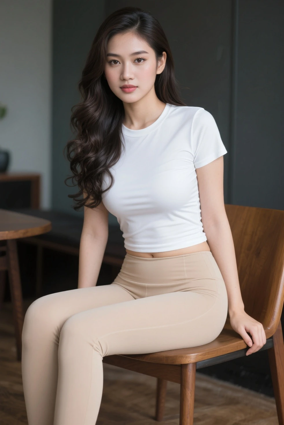 araffe woman standing in front of a window wearing a tan top and green pants, wearing wheat yellow gauze, choi, 155 cm tall, 165 cm tall, wearing tight simple clothes, gongbi, casual clothing style, jaeyeon nam, bae suzy, straw, eora, wearing a cute top, brown shirt, tan, t-top