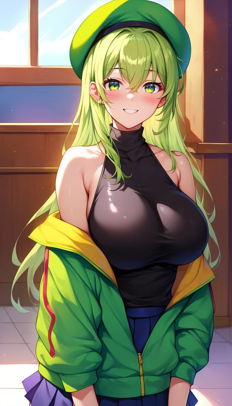 1girl, dirty blonde hair, long hair, grey eyes, cute face, cute, green clothing, revealing, big chest, bra, bikini