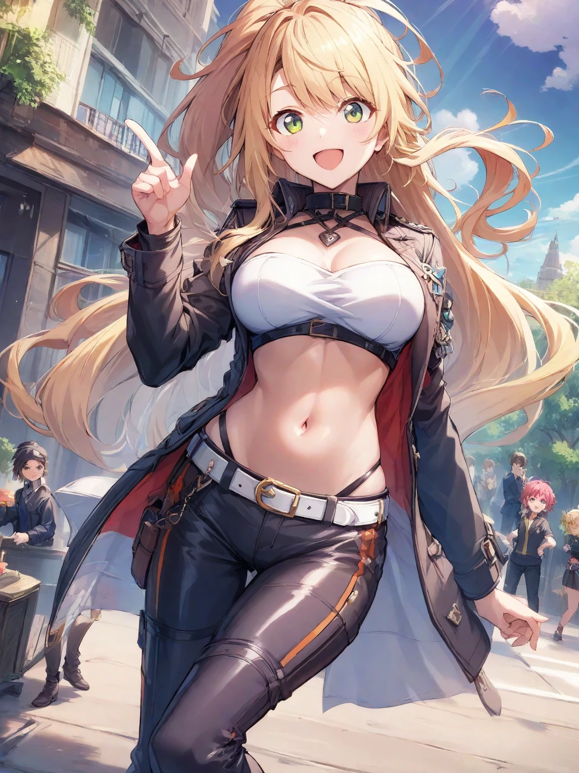 A woman with a black sleeveless shirt, with her belly exposed, short black shorts, long blonde hair, green eyes, black hat, smiling, big breasts, on a concrete road, with a rock mountain in the background, at sunset, 8k, maximum quality, work of art.
