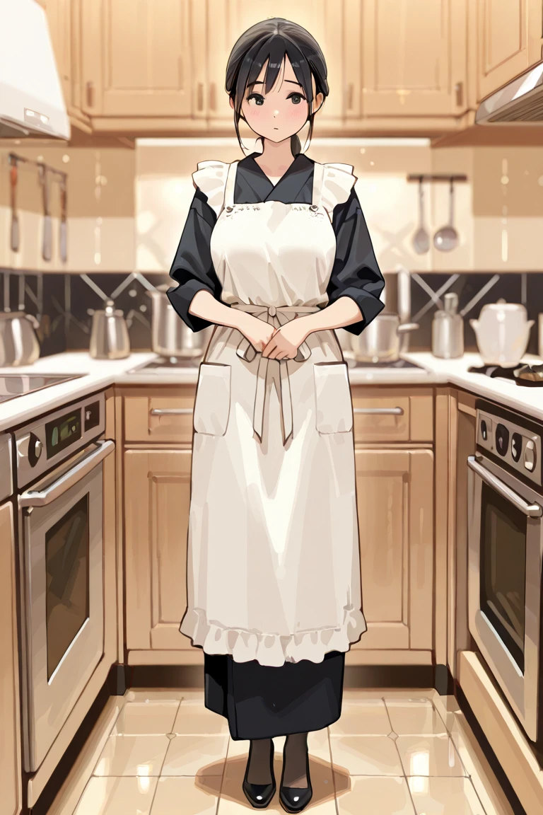 masterpiece, best quality, super high resolution, Newest, depth of field, Focused subject, 1girl,  (detailed eyes:0.5), (Clear Eyes :0.5), Wearing an apron, no hat, black hair, Housewife,Full Body