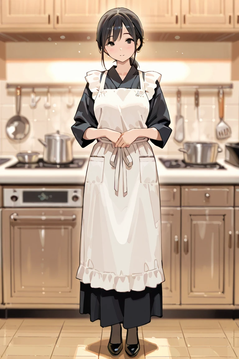 masterpiece, best quality, super high resolution, Newest, depth of field, Focused subject, 1girl,  (detailed eyes:0.5), (Clear Eyes :0.5), Wearing an apron, no hat, black hair, Housewife,Full Body
