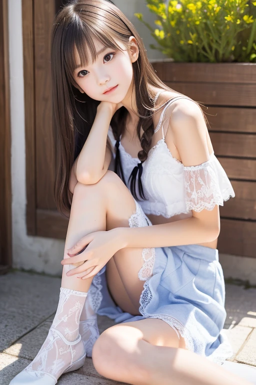 (Raw Photos: 1.2), (Photorealistic: 1.4), Beautiful Detailed Girl, Highly Detailed Eyes and Face, Beautiful Detailed Eyes, Ridiculous, Incredibly Ridiculous, Huge File Size, Ultra Detailed, High Resolution, Very Detailed, Best Quality, (Bright Indoors), (Soft Light), (Low Contrast), (Shallow Depth of Field), ( Portrait of a beautiful woman illuminated by gentle light), (very delicate and elegant depiction), (short length bangs), (hair color is a dark maroon shade with a slight brown tone), (subtle and gentle wavy hair), (small braid intricately woven on the sides of long hair), (decorated with thin ribbons), (white blouse with small ruffles), (bow tie), (blue long skirt), (( Bare skin calves)), ((ruffled white ankle-length silk socks))), illustration, very detailed, CG, unification, 8k wallpaper, amazing, fine detail, top quality, face light, movie lighting, 1 girl, 24 years old, (without panties)), (dynamic pose)), (bent knees and legs sitting), (((フリルの白い足首丈のシルクソックス)))、