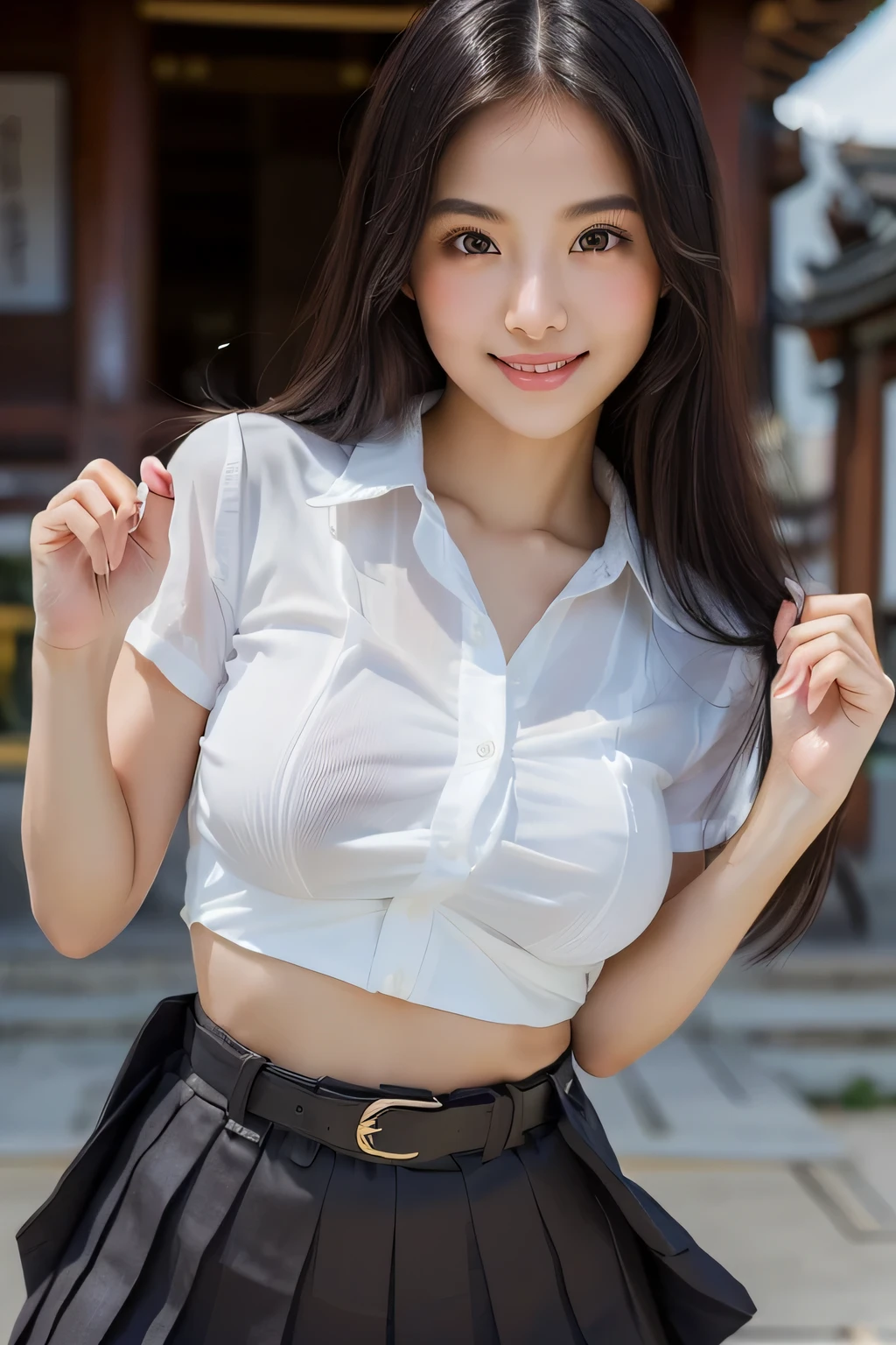 nsfw, Seduced by a naughty music teacher in her 20s in the music room、Naked and wearing a see-through white collared blouse、Ultra-detailed beautiful faces、Slim but with amazing cleavage、Nipples are visible、smile、Leaning forward, approaching me、Short tight skirt showing panties、stockings、High heels、Clear and pure white skin