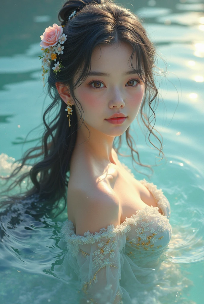 (masterpiece), (best quality), (official art, Extremely detailed CG unified 8k wallpaper), (Very detailed), ((Ridiculous)), 1 girl, medium shot, (Exquisite facial features),(Sefuku:1.3) ((SFW)),((clean hands)), ((White stockings without shoes)),aqua eyes, Color contact lenses, There are stars in the eyes, (((Colorful bubbles))), Multicolored Glass, (The album cover)