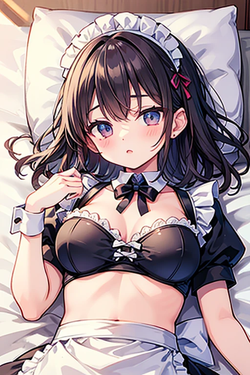 masterpiece, best quality, 1 solo girl, brown hair, green eyes, short hair, medium breasts, sexy body and face, wavy hair, sleeveless maid outfit, floral headdress, black thigh-high, maid skirt, night sky, cowboy shots, detailed body, face, and eyes, sharp focus, vibrant, creative, dynamic, high definition, high resolution, 8k, (Upscale: R-ESRGAN 4x+ Anime6mage enchance:4x), voluptuous body, lying at the bed,