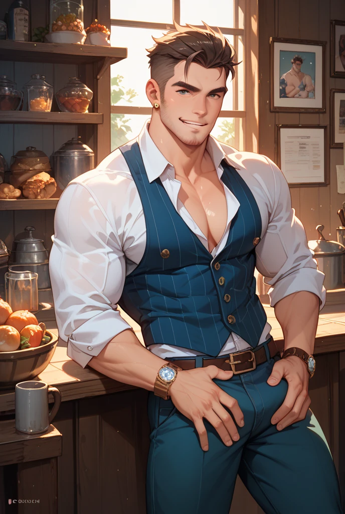 white male, blonde hair, muscular, tight white shirt, red pants, giant bulge, brown eyes, young male, anime style, sly smile, full body, perfect face