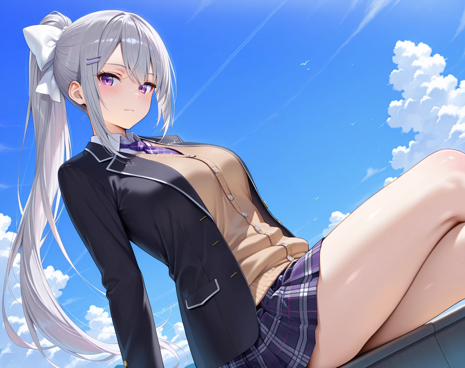 1girl, full body, solo, summer, village, trees, sun, clouds, ((colorful hair)), large breasts, ((black blazer)), button down shirt, ((white shirt)), ((short sleeved shirt)), ((unbuttoned shirt)), unbuttoning buttons, cleavage 1:3, brown eyes, skirt, smile, looking at the viewer, standing, hair ribbon, golden necklate