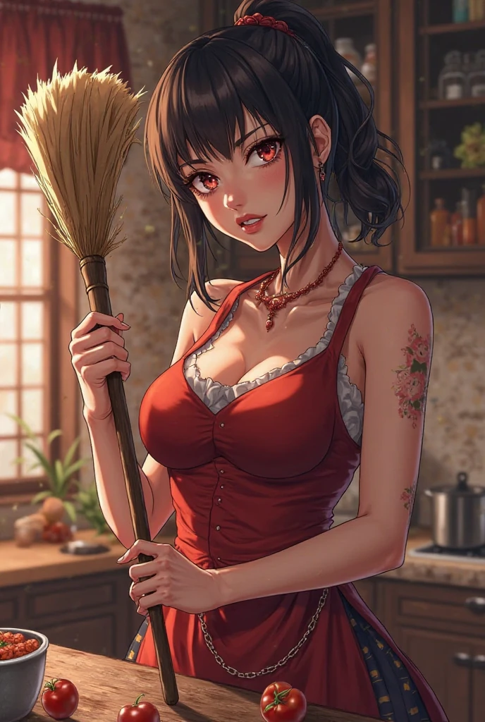 art by (Carl Larsson:1.2),(post-Impressionist),monet color,((highleg panties)),((wearing chef uniform)),close shot,oil painting,soft lighting,COOL,shiranui mai,brown eyes, long hair, brown hair, white ribbon,narrow waist, wide hips, thick thighs, lower body, sitting,kitchen,((huge breasts:1.3)), black choker,night,eating bread,