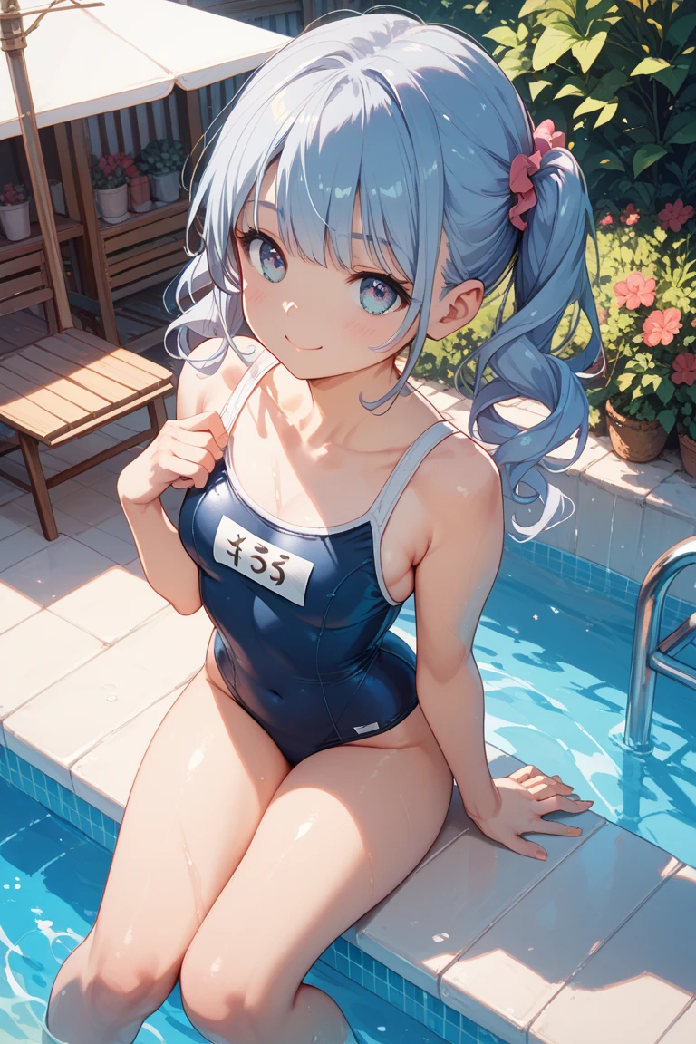 master piece,detailed,(((best quality))), ((((loli)))),(((cute))), ((petite)),(((big breasts))),orgasm,light green hair,smile, (darkblue one-piece swimsuit),1girl,from behind