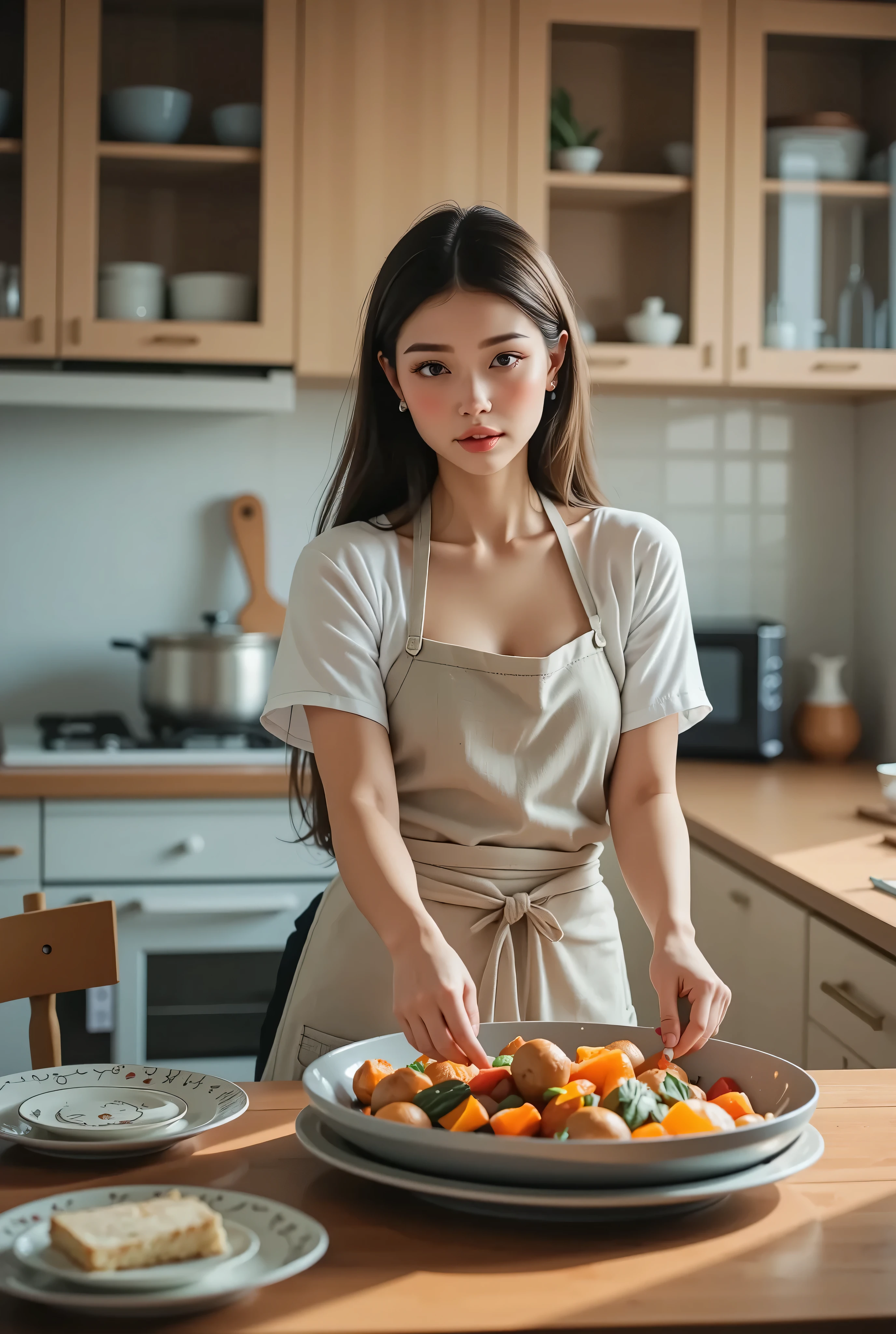 An adult woman is cooking, alone, I'm making very tasty food, A simple face-to-face kitchen at home, Beautifully decorated plates adorn the dining table, I'm looking forward to my family coming back。