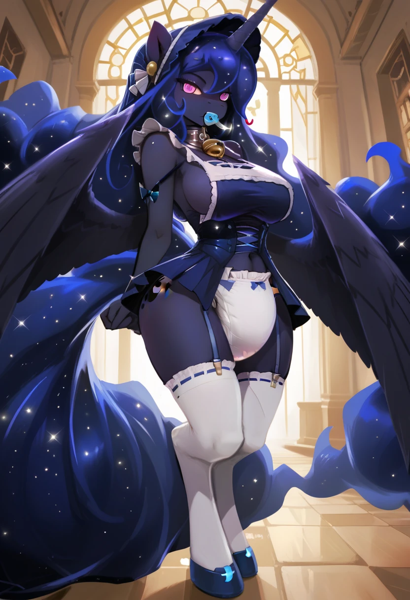 1girl,solo, saorijoumae, saori joumae, blue eyes, dark blue hair, halo, long hair, hof, black bodysuit with blue parts, ancient space ruins, hi-tech armor pieces, face, fat legs, see through clothes, side boob