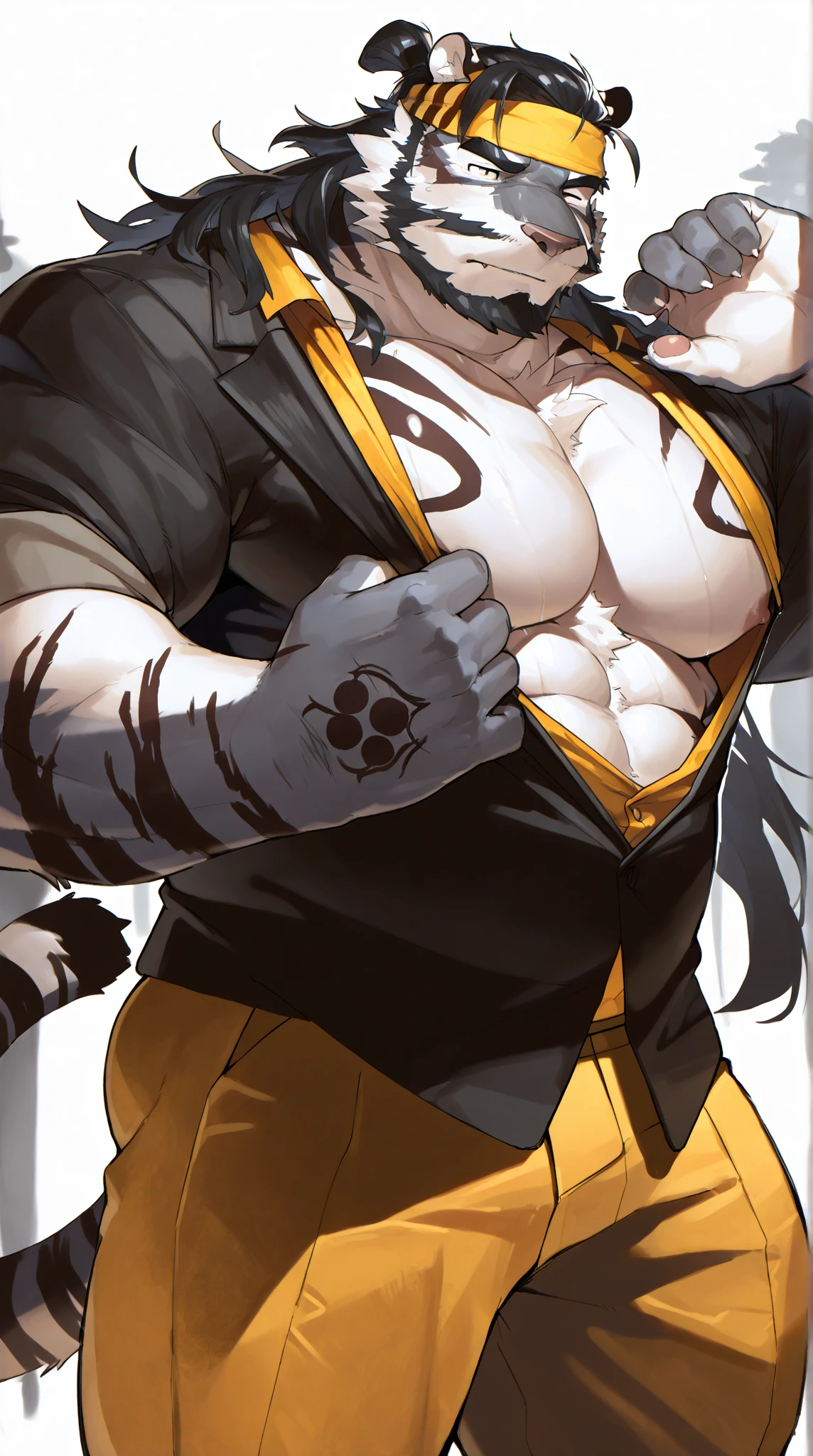 anime characters:Gyee, Priapuuscle Sports Student, 1 muscular tough guy, Manliness, male focus, Light yellow high collar long sleeve tight T-shirt, Very tight, The clothes were soaked with sweat, The pectoral muscles are oversized, his pecs are getting groped, Slightly transparent, muscular male, muscular, only, Upper body, alone, Black short hair, Thick eyebrows, stubble, Yellow eyes, Grey background, simple background, amazing quality, best aesthetics, Ridiculous, bright pupils, crew cut, parted lips, shy, blush, moaning, saliva trail, drop shadow, best quality