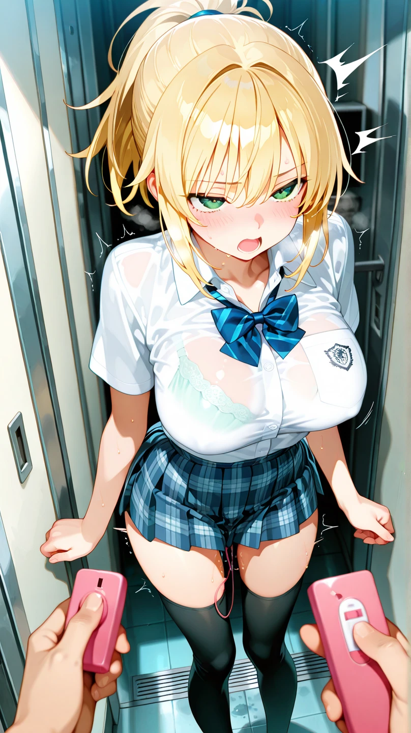 Bully student approaches me with a perverse face as I am a nerd, wearing short skirt, blonde hair, blue eyes, small firm breasts, long sexy legs, bad girl. very tall girl, photo from below the girl, bully, anger face, full body photo
