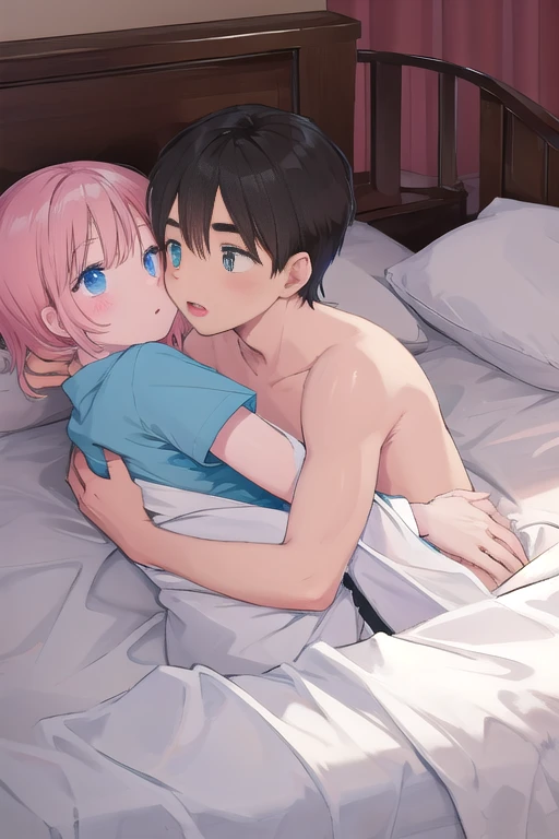 One Woman、One boy、One Shota、private teacher、Big Breasts、Pink Hair、long hair、Ahoge、Kind older sister、Pink Glasses、Green Eyes、Smile、naked、Light pink small nipples、Bedroom、On the bed、Droopy eyes、Sex while hugging、Staring at the boy、The boy is desperate、Face buried in chest