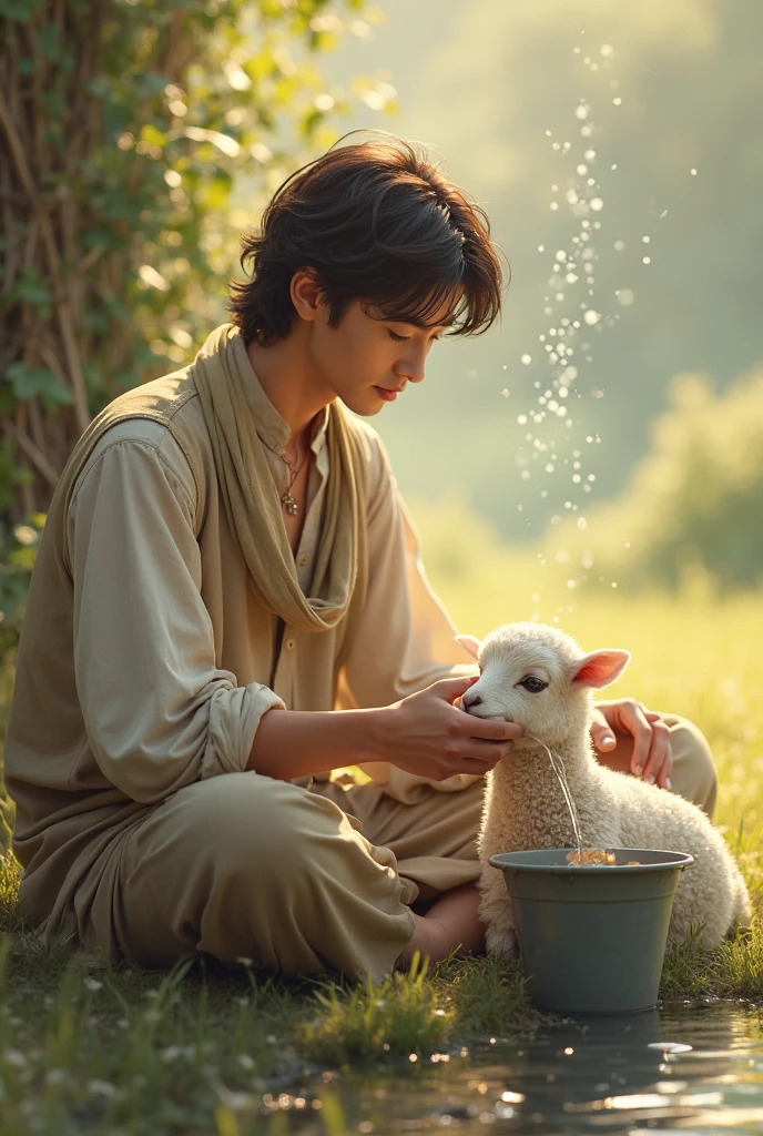1 young man 22 years old realistic barefoot in brown robe with a dead ram next to him in a grassy field --auto --s2